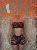 Black fishnet two-piece set: bandeau top and high-waist shorts