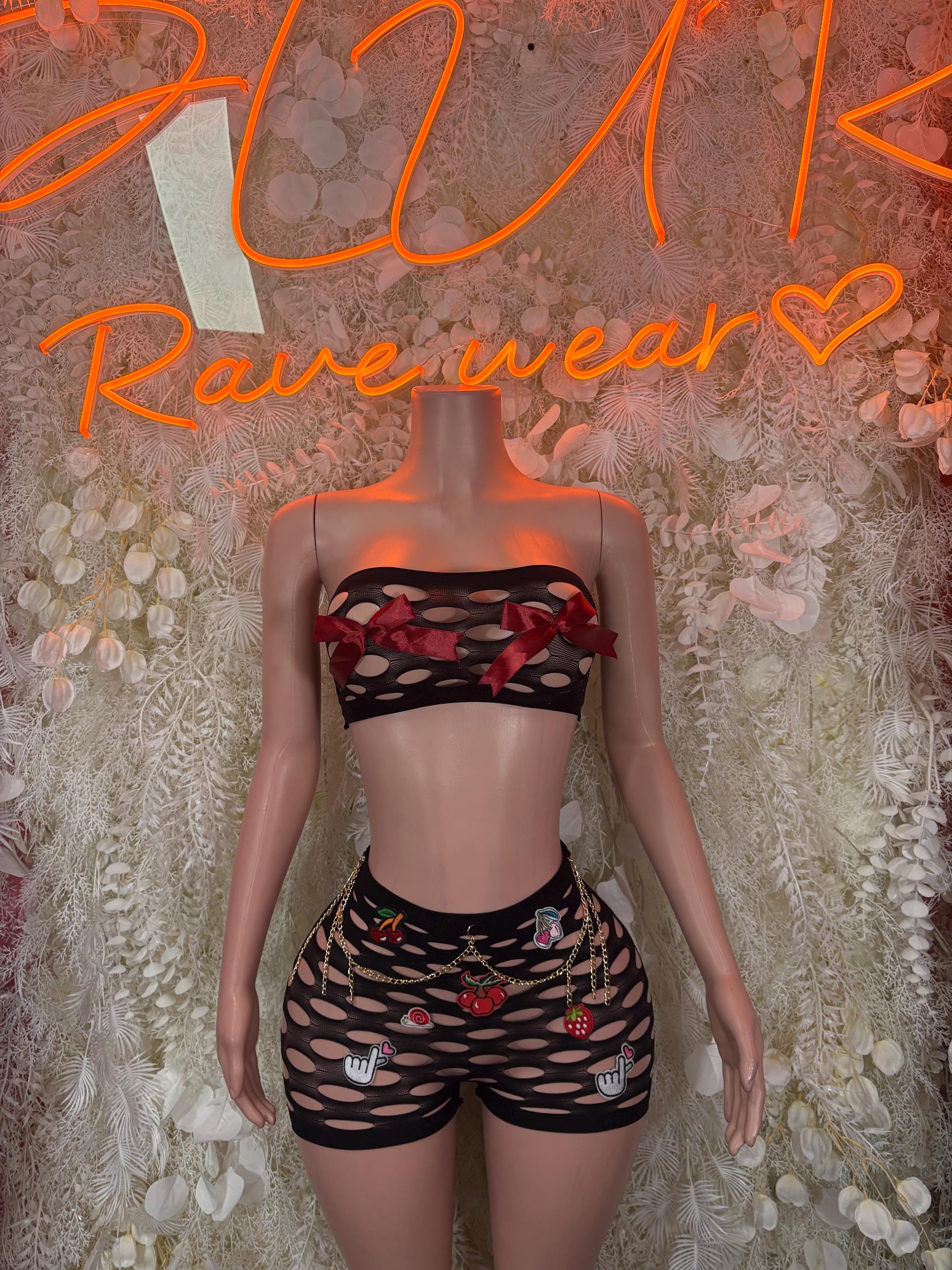 Black fishnet two-piece set: bandeau top and high-waist shorts