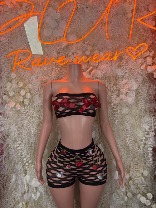 Black fishnet two-piece set: bandeau top and high-waist shorts