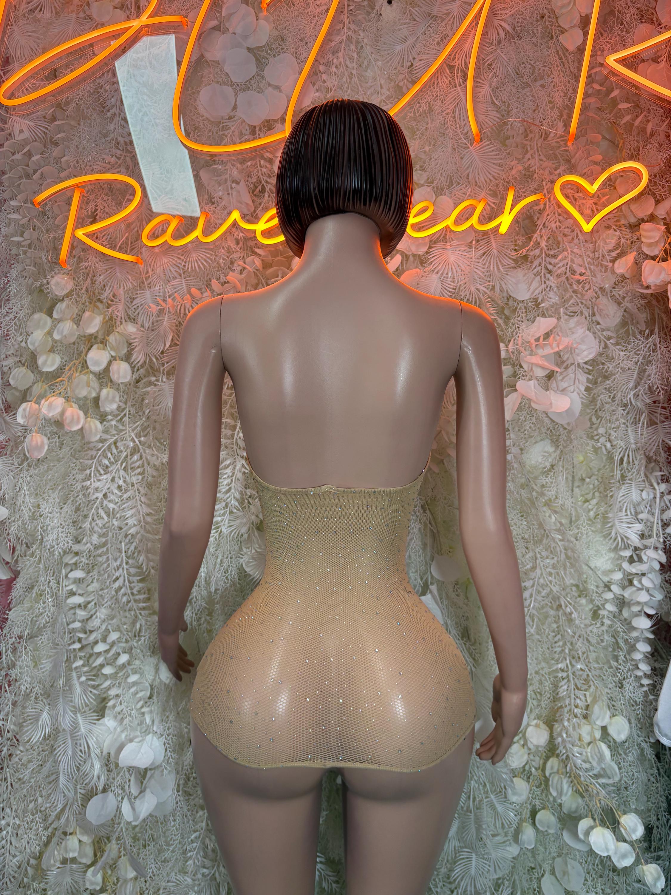 Fishnet rave dress, nude glitter back with thin straps and open neckline