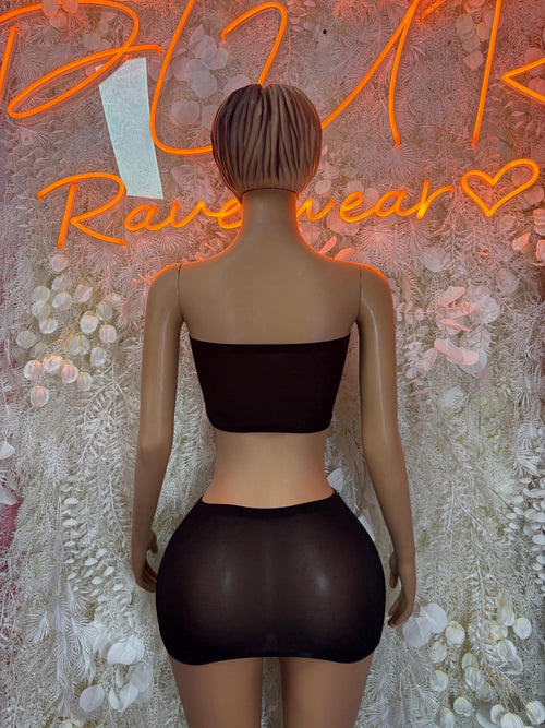 Black backless bandeau top with high-waist bottoms, small seam detail at the waist.