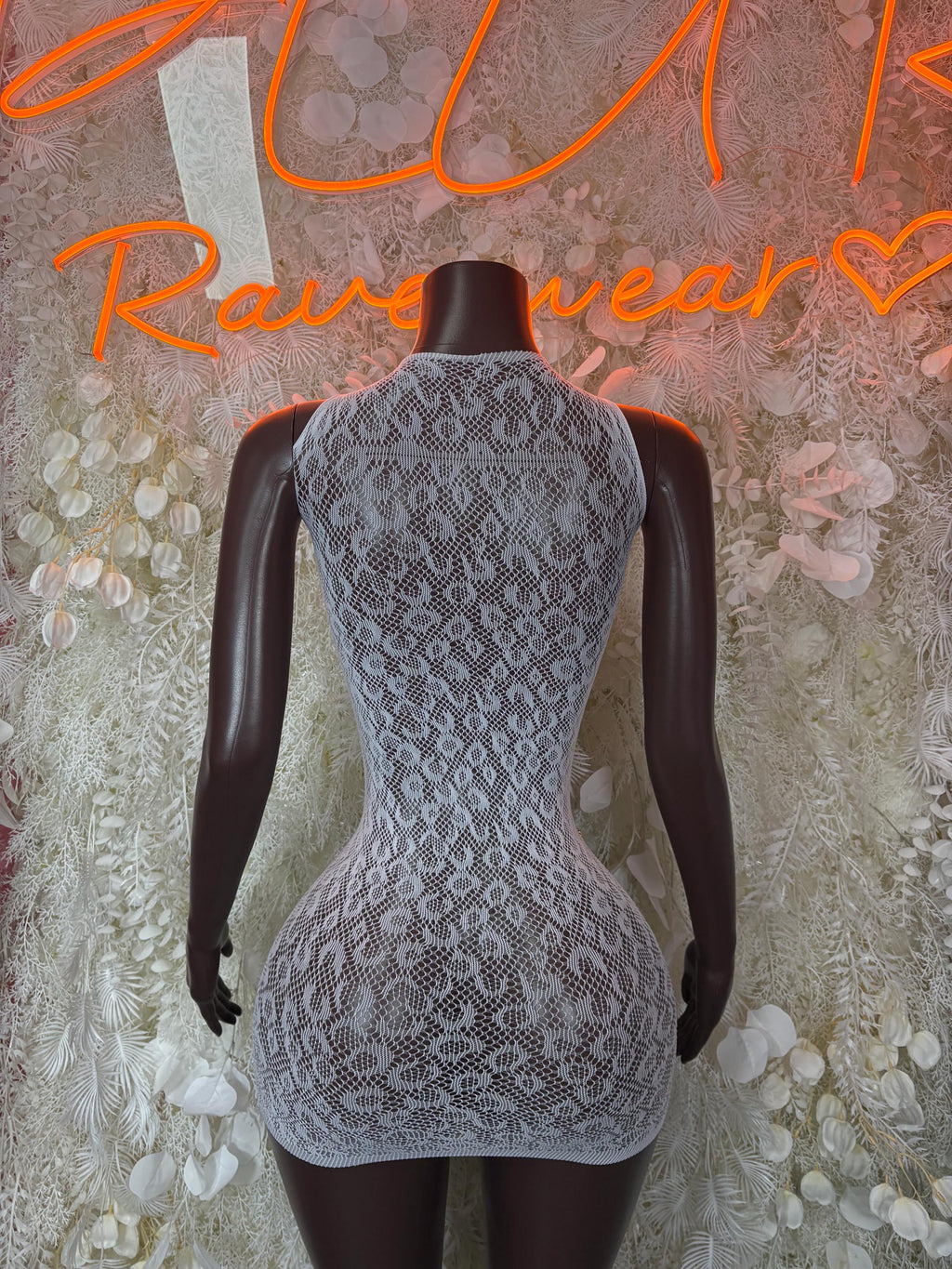 Blue-gray fishnet dress, back view with patterned mesh texture
