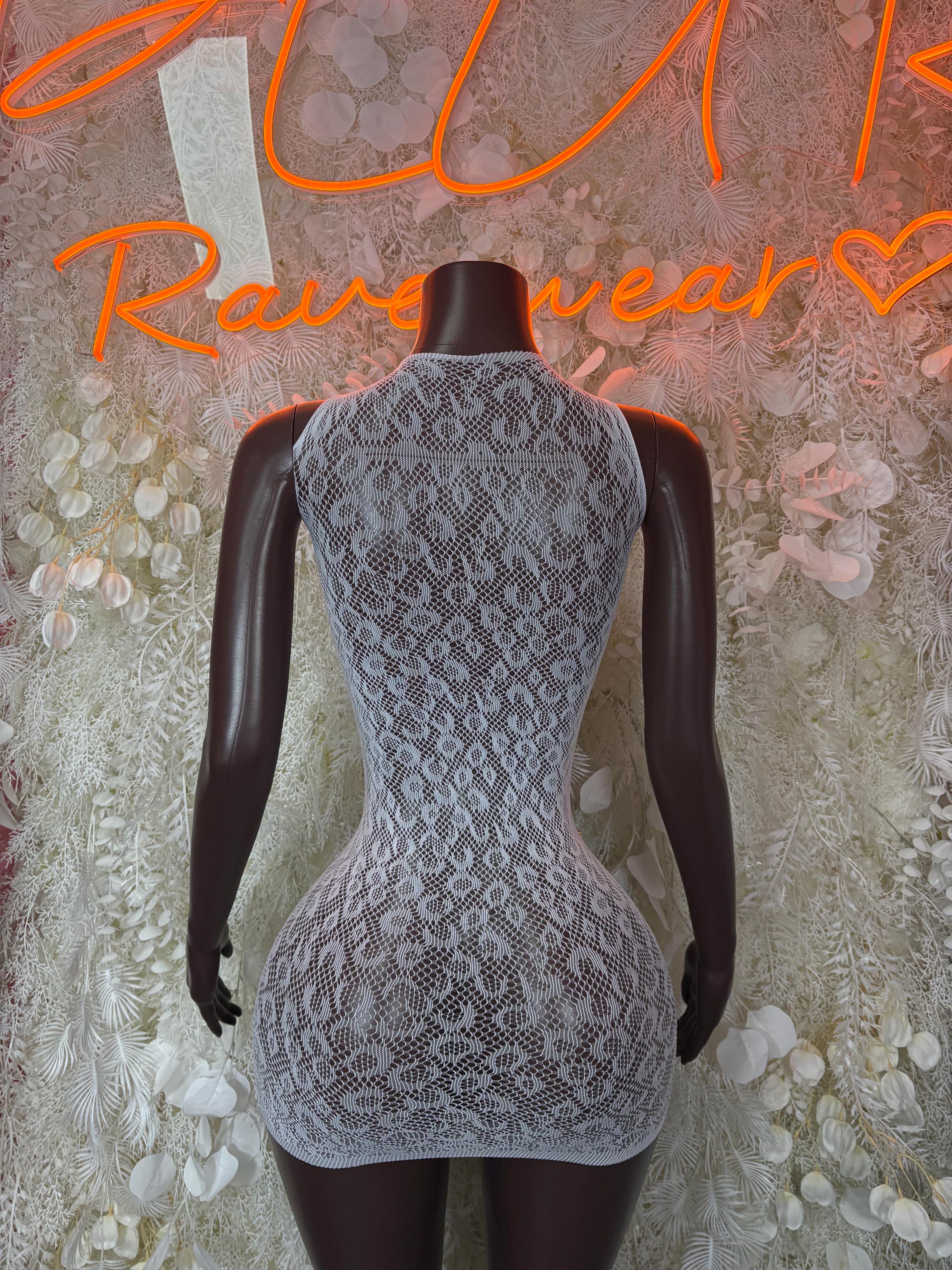 Blue-gray fishnet dress, back view with patterned mesh texture