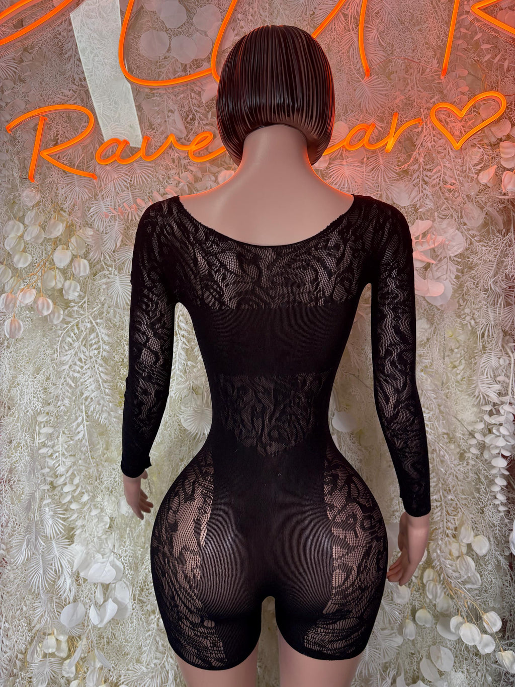 Black lace fishnet bodysuit with long sleeves, full back and curved neckline