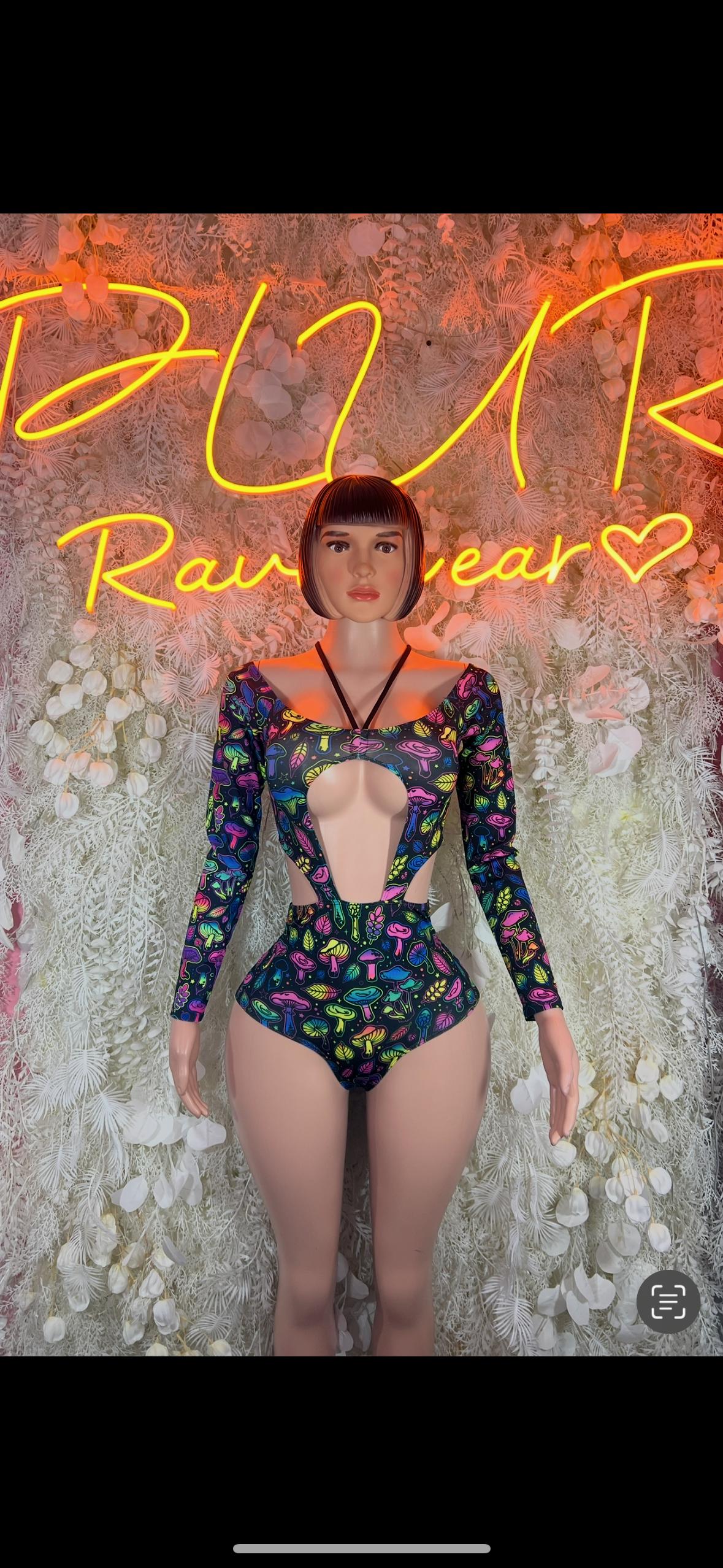 Patterned long-sleeve bodysuit with front cutout and dark purple base