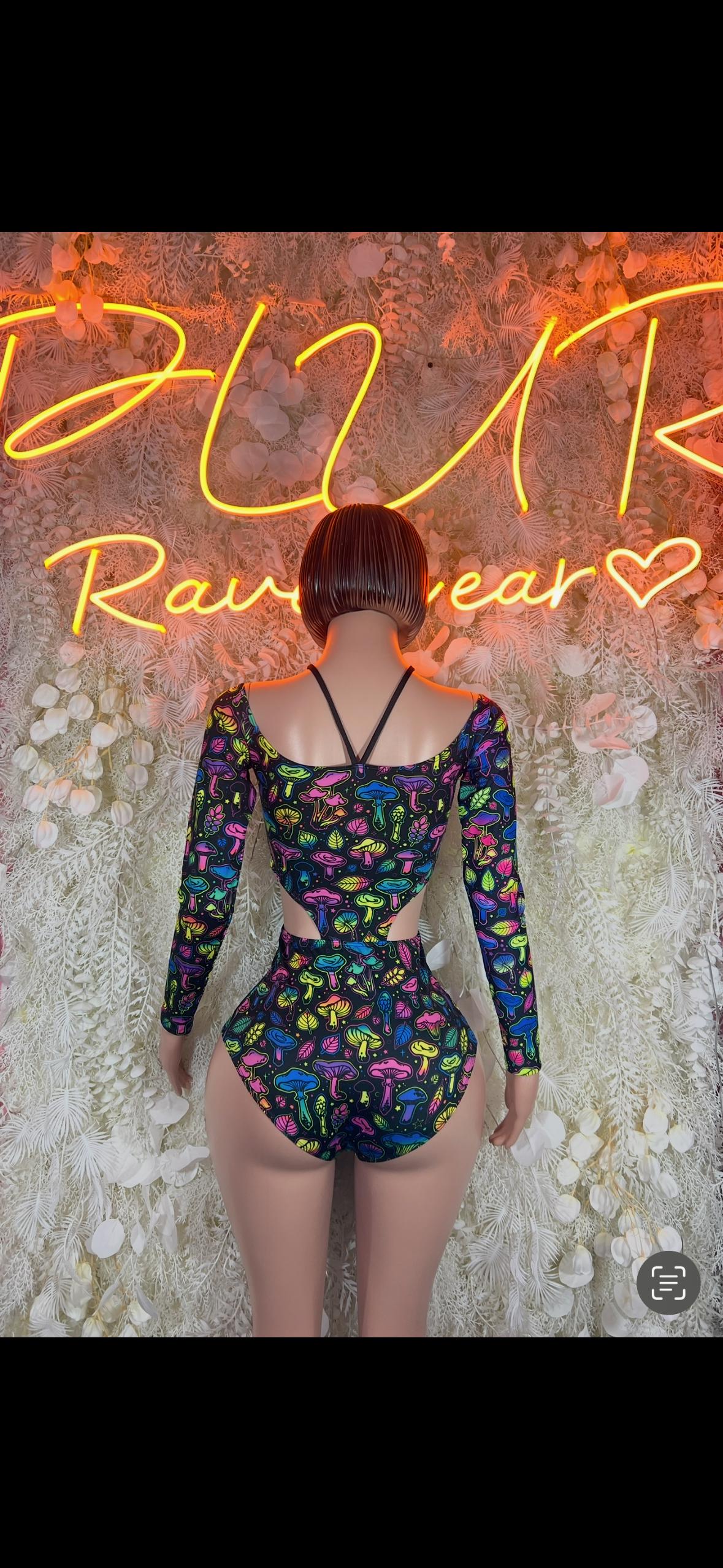 Backless patterned long-sleeve bodysuit with keyhole back on dark purple base