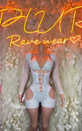 Crushed metallic white long-sleeve bodysuit with lace-up front and side cutouts