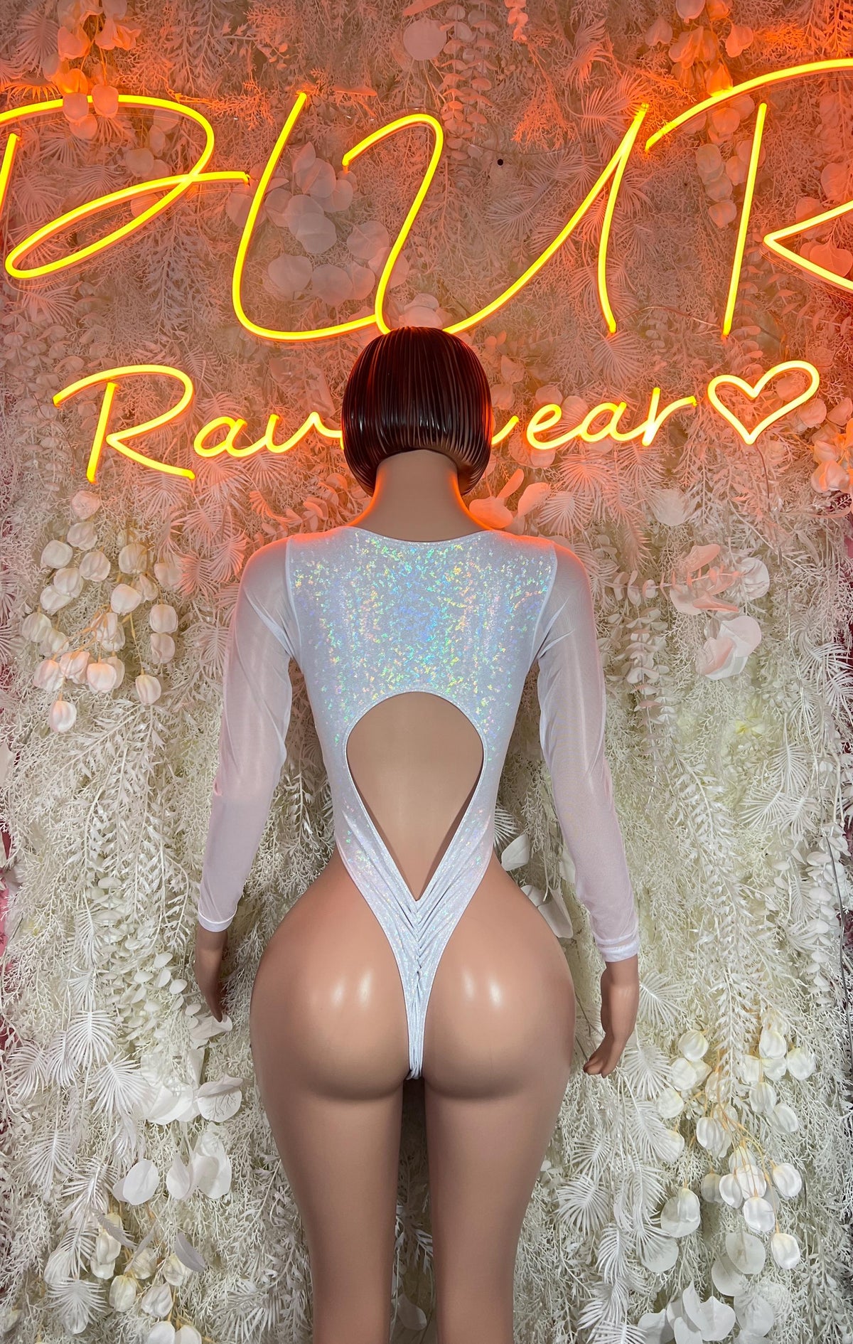 Crushed white metallic bodysuit back view, long sleeves, heart-shaped back cutout