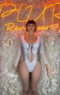 Crushed white metallic bodysuit, long sleeves with tie-front and thong cutout