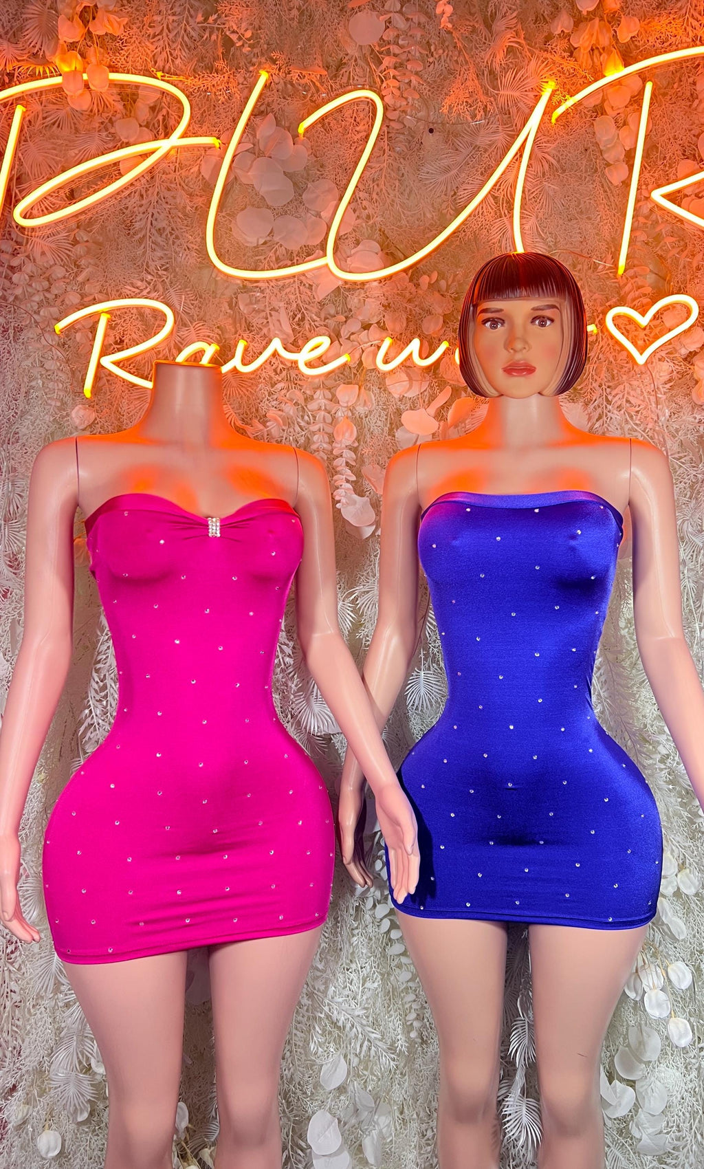 Rhinestone rave mini dresses, strapless bodycon, pink and deep purple sparkle