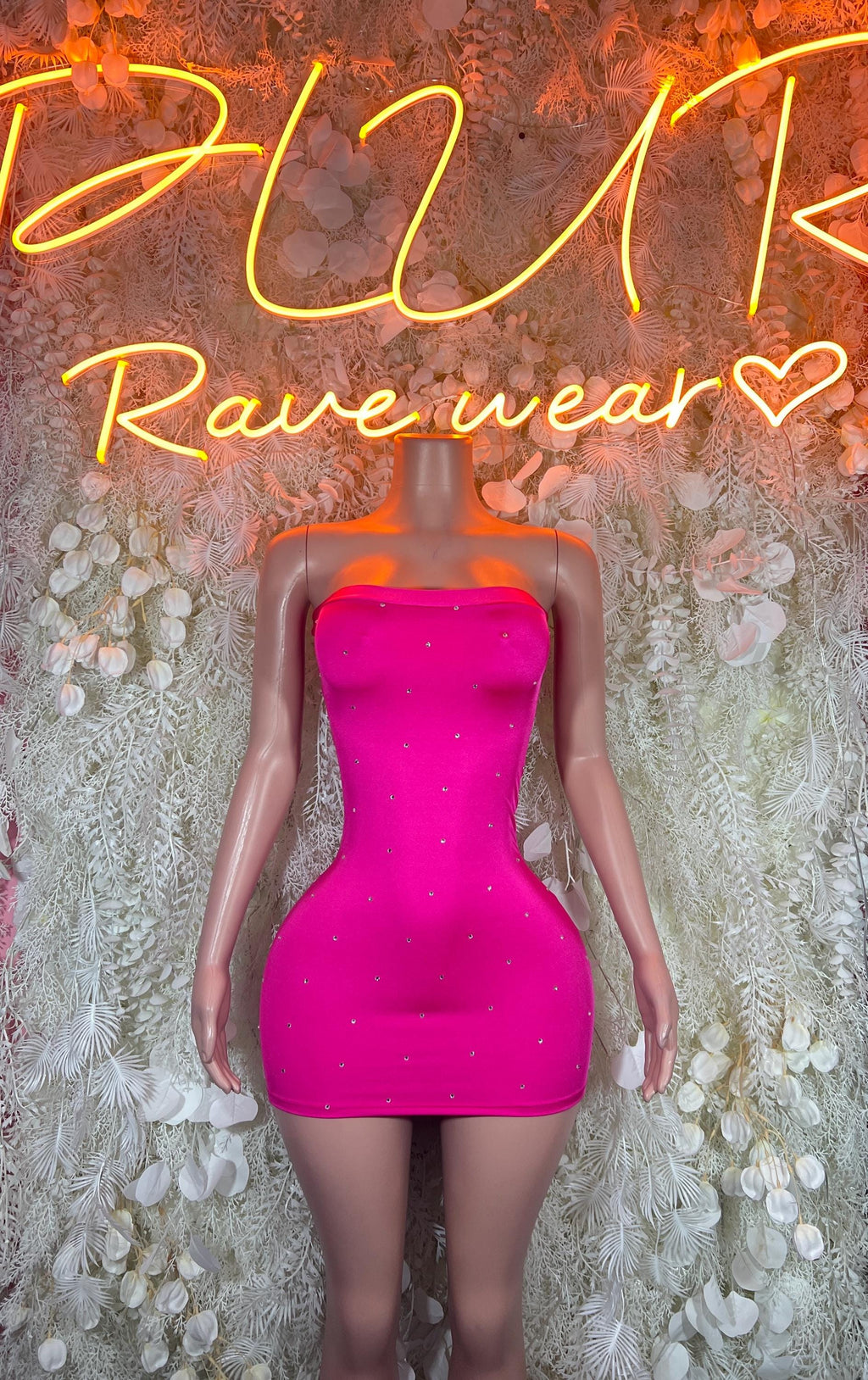 Rhinestone mini dress, strapless bright pink bodycon with sweetheart neckline