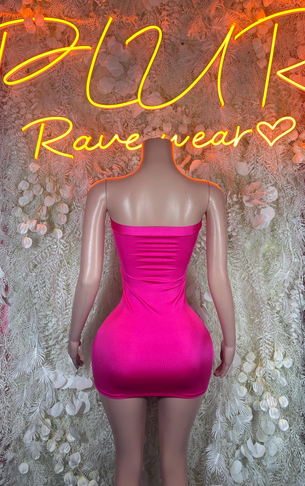 Rhinestone mini dress, strapless hot pink bodycon with ruched waistband