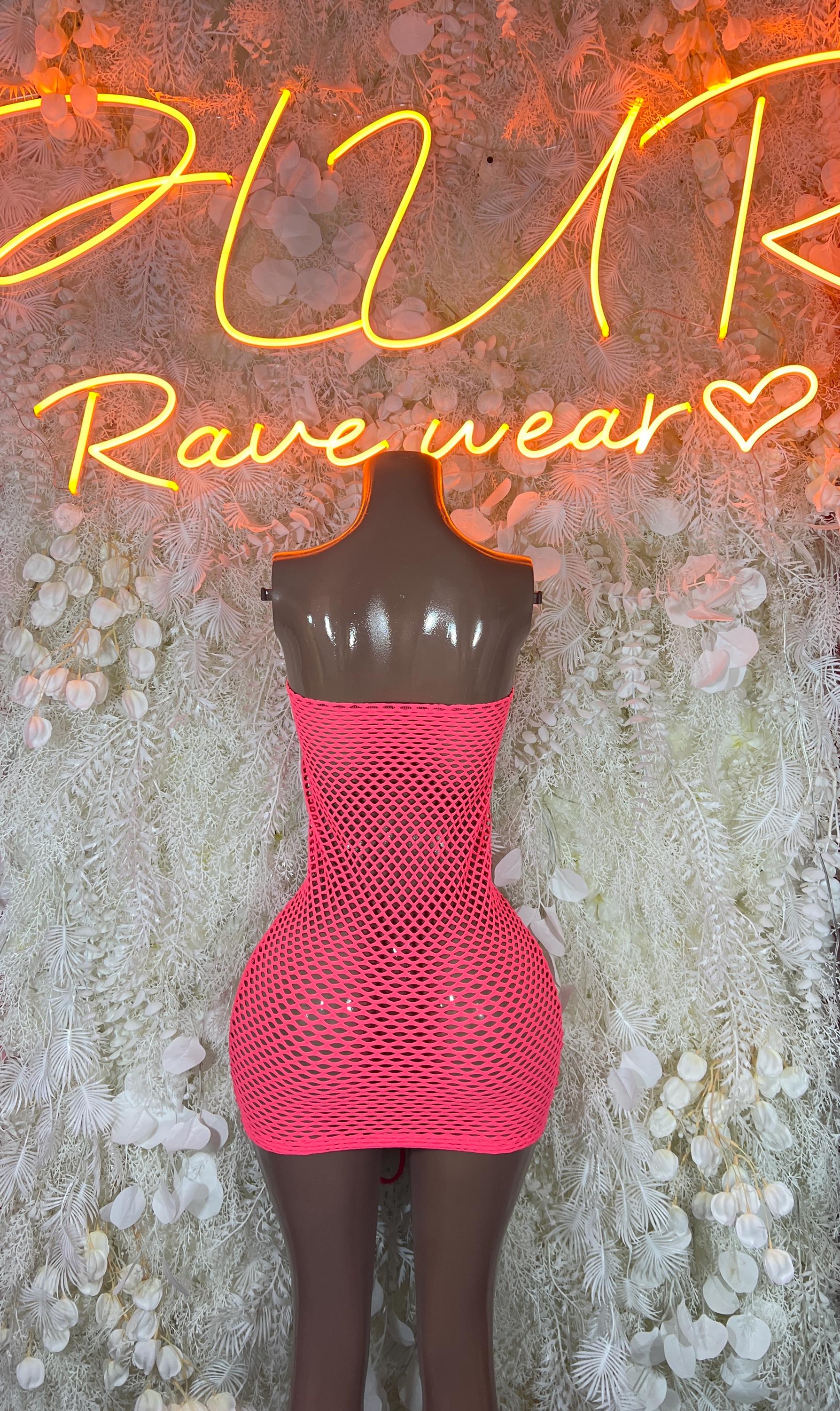 Pink fishnet mini dress on mannequin, scoop neck and lace-up panel