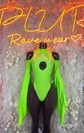 Neon green flare-sleeve rave bodysuit on mannequin, high-cut oval chest cutout
