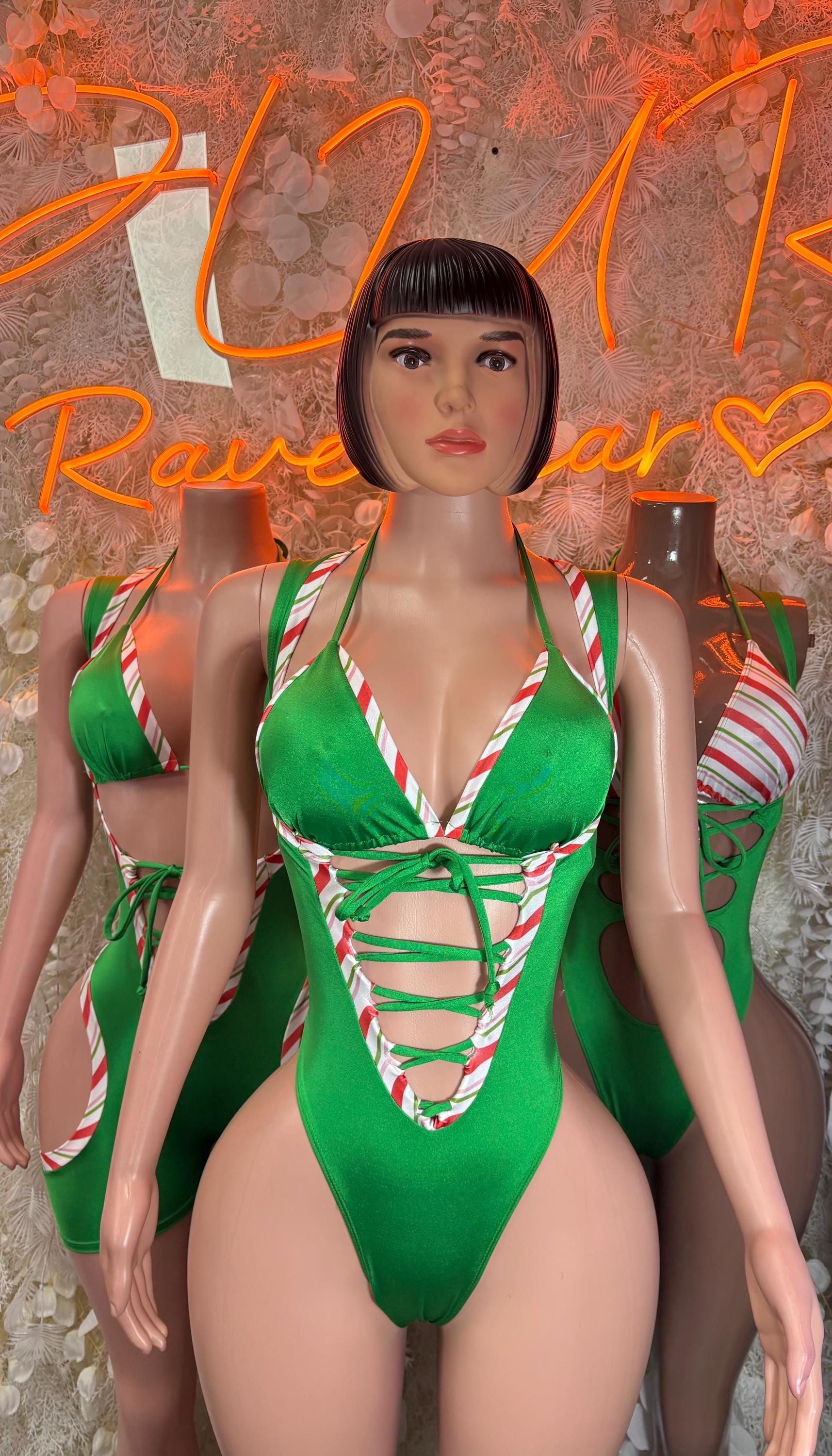 Green holiday bodysuit with V-neck and red-white striped wrap detail