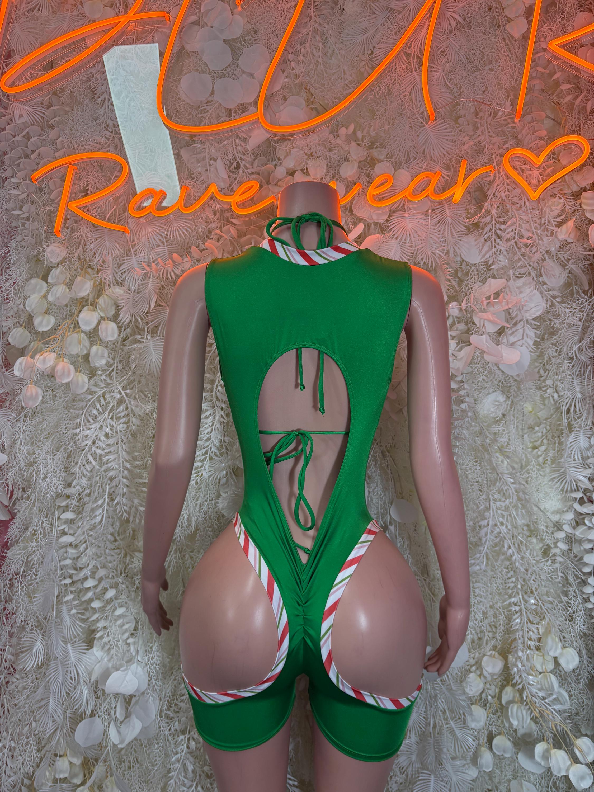Green holiday bodysuit with back cutout and red-white striped shoulder straps
