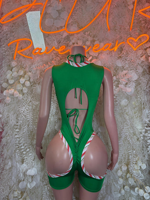 Green holiday bodysuit with back cutout and red-white striped shoulder straps