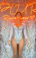 Sparkly cheetah-print bodysuit, white mesh long sleeves, crisscross lace front