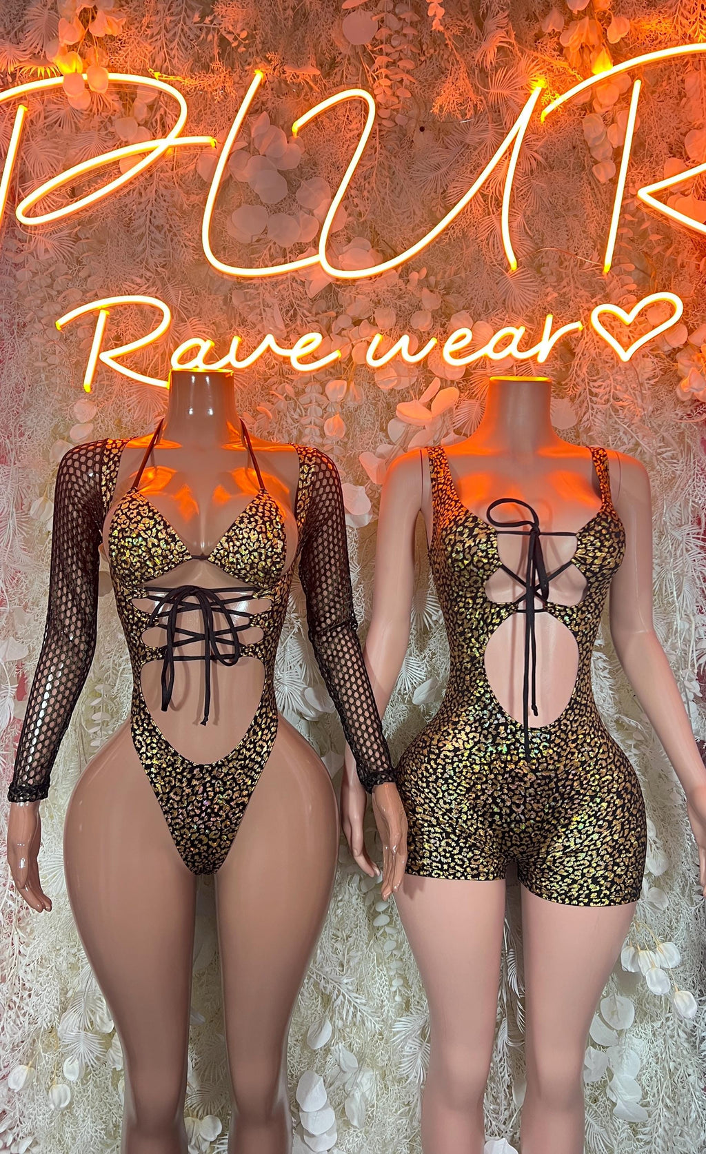 Cheetah-print mesh bodysuit with lace-up cutouts, showing front and back views