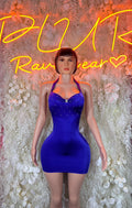 Purple mini bodysuit with spaghetti straps and sparkly sweetheart neckline, fitted