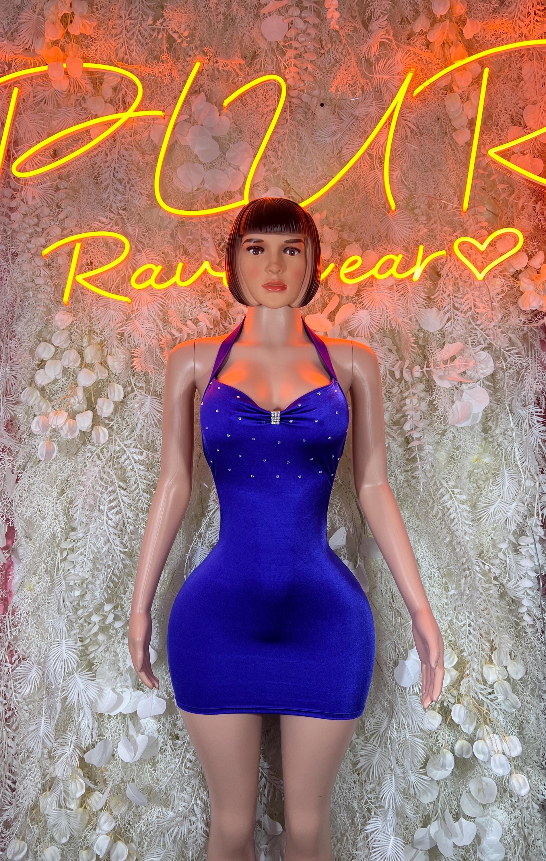 Purple mini bodysuit with spaghetti straps and sparkly sweetheart neckline, fitted
