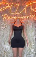 Black mini bodysuit dress, sleeveless sweetheart neckline with ruched front