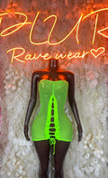 Neon green fishnet mini dress with lace-up front and ruched sides