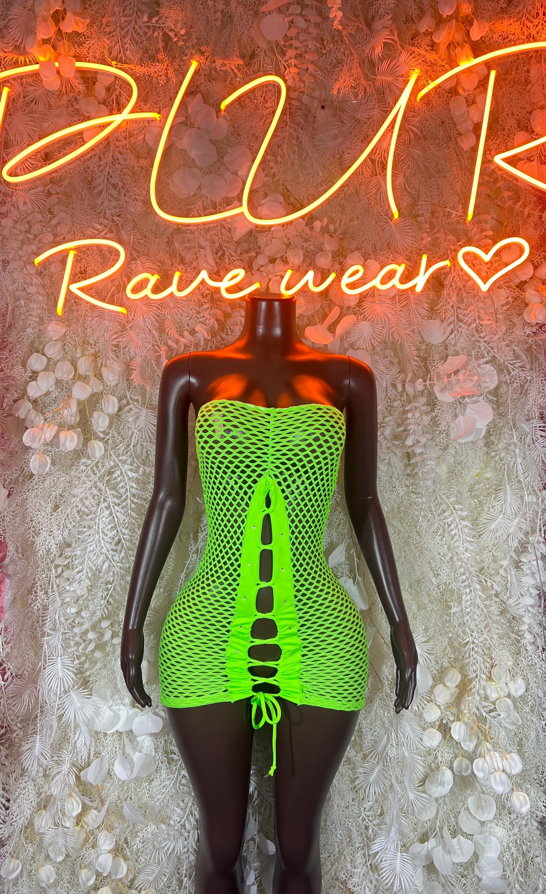 Neon green fishnet mini dress with lace-up front and ruched sides