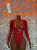 Red lace long-sleeve bodysuit with crisscross front detail