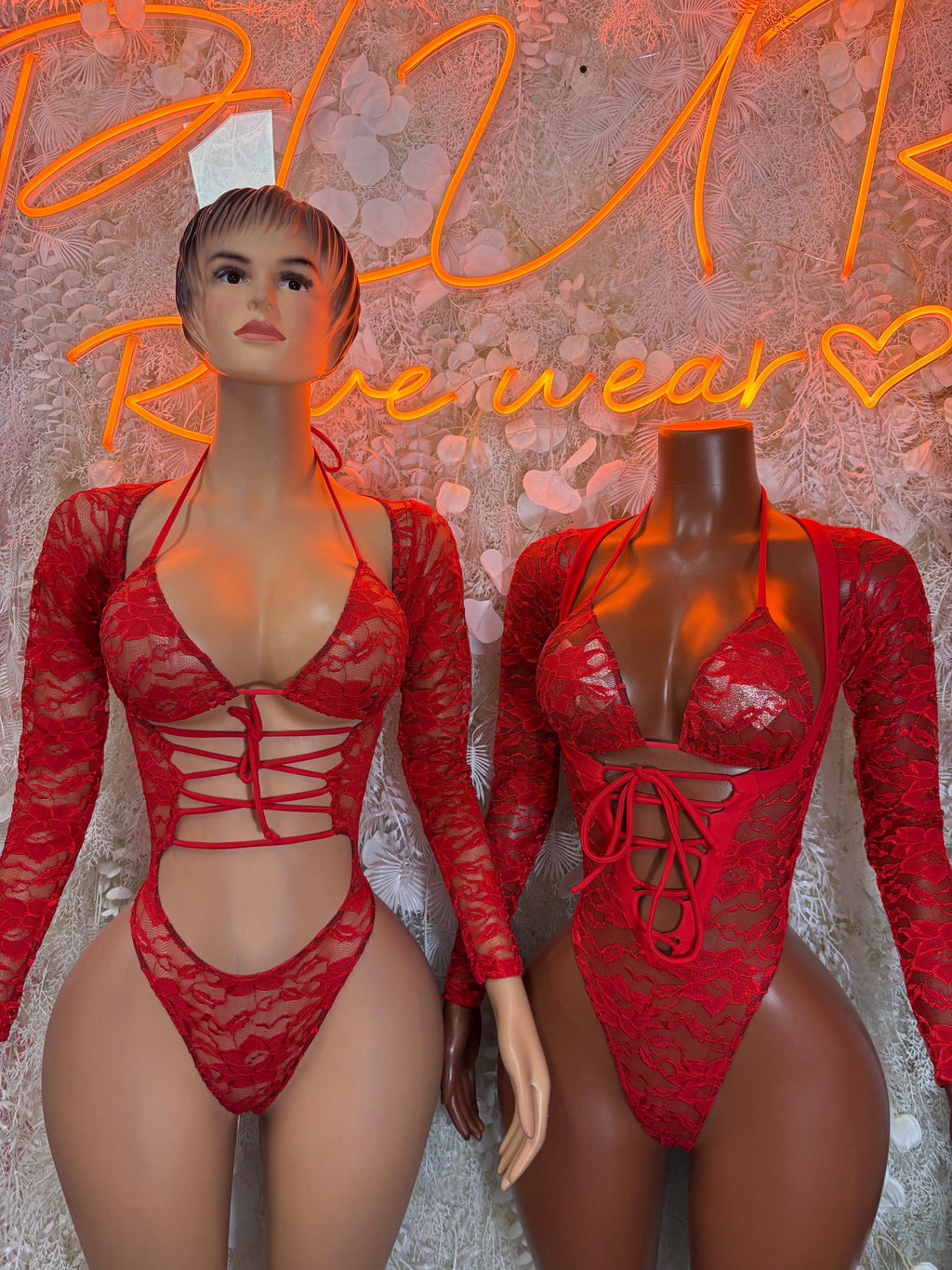 Red lace bodysuit set: long sleeves and front crisscross, worn on models