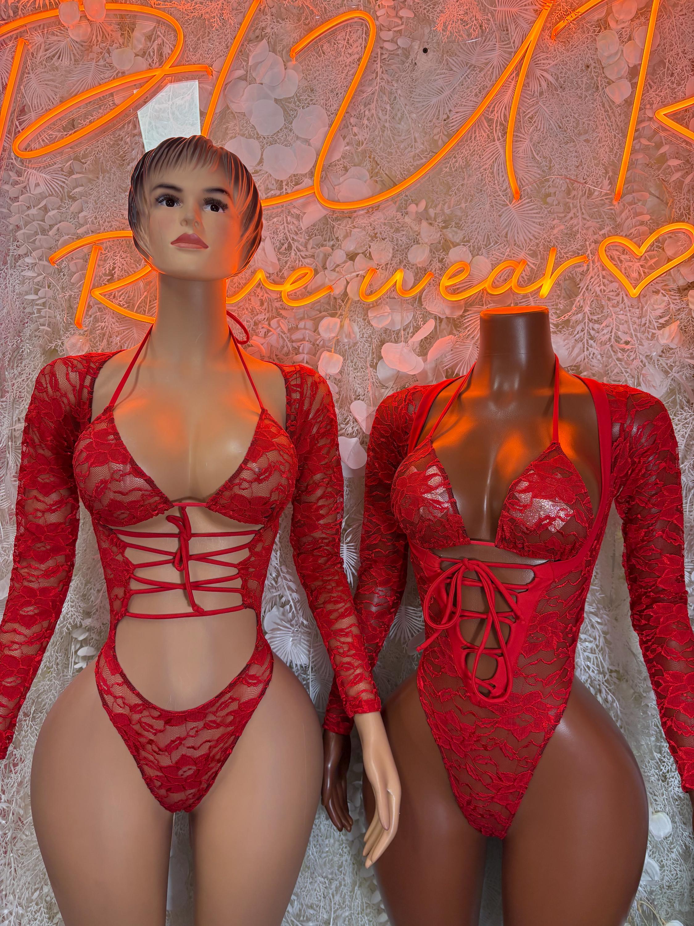 Red lace bodysuit set: long sleeves and front crisscross, worn on models