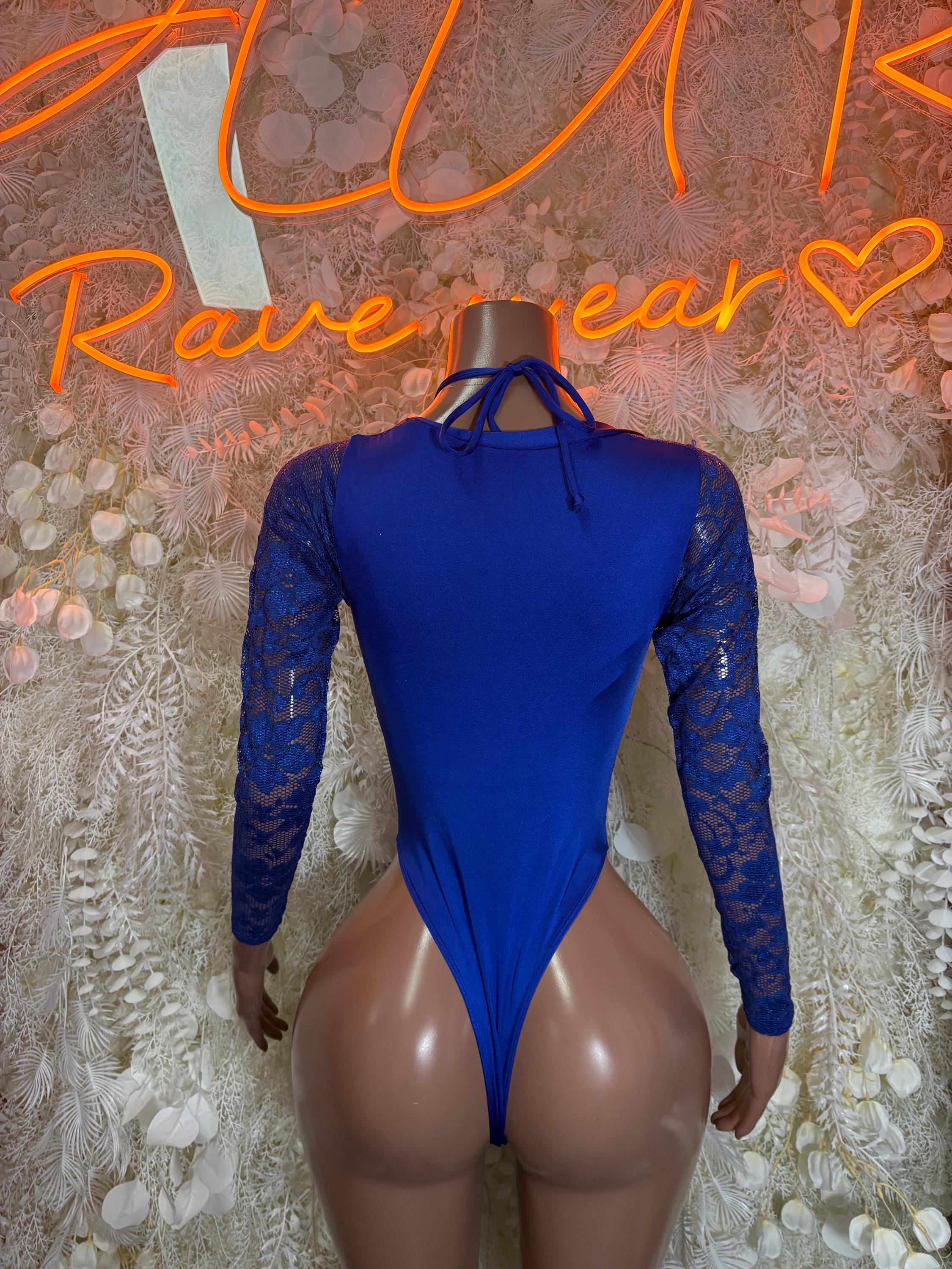 Blue long-sleeve lace bodysuit with neck tie and high-cut back
