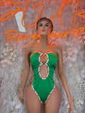 Green strapless bottlegirl bodysuit with red-and-white striped keyhole cutout