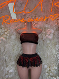 Christmas bartender skirt set with black strapless top and red ruffled mini skirt