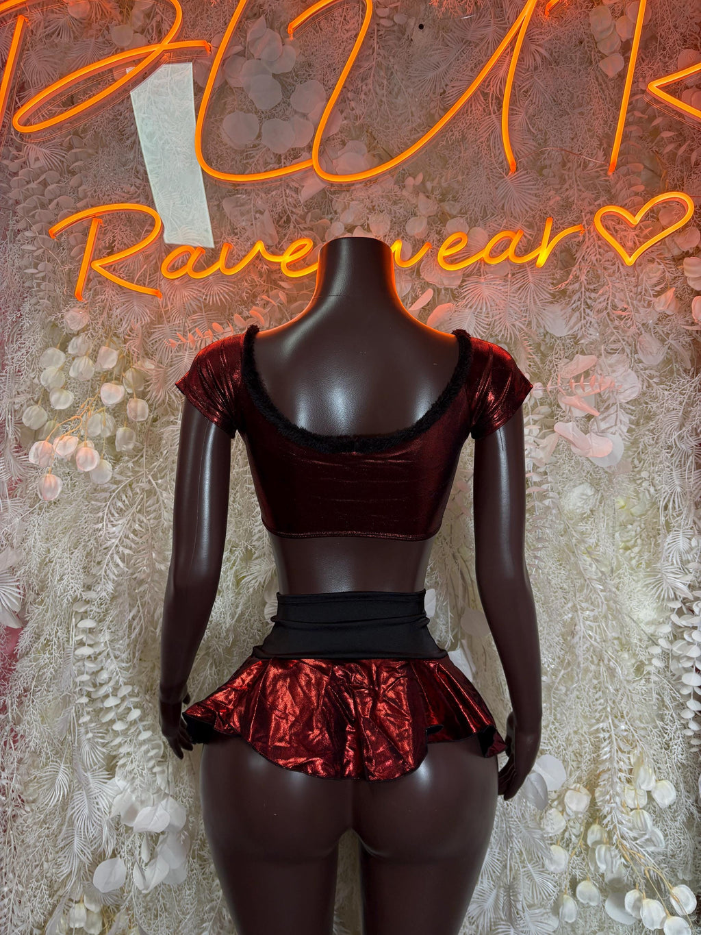 Burgundy sequin halter mini dress outfit with red metallic ruffle skirt