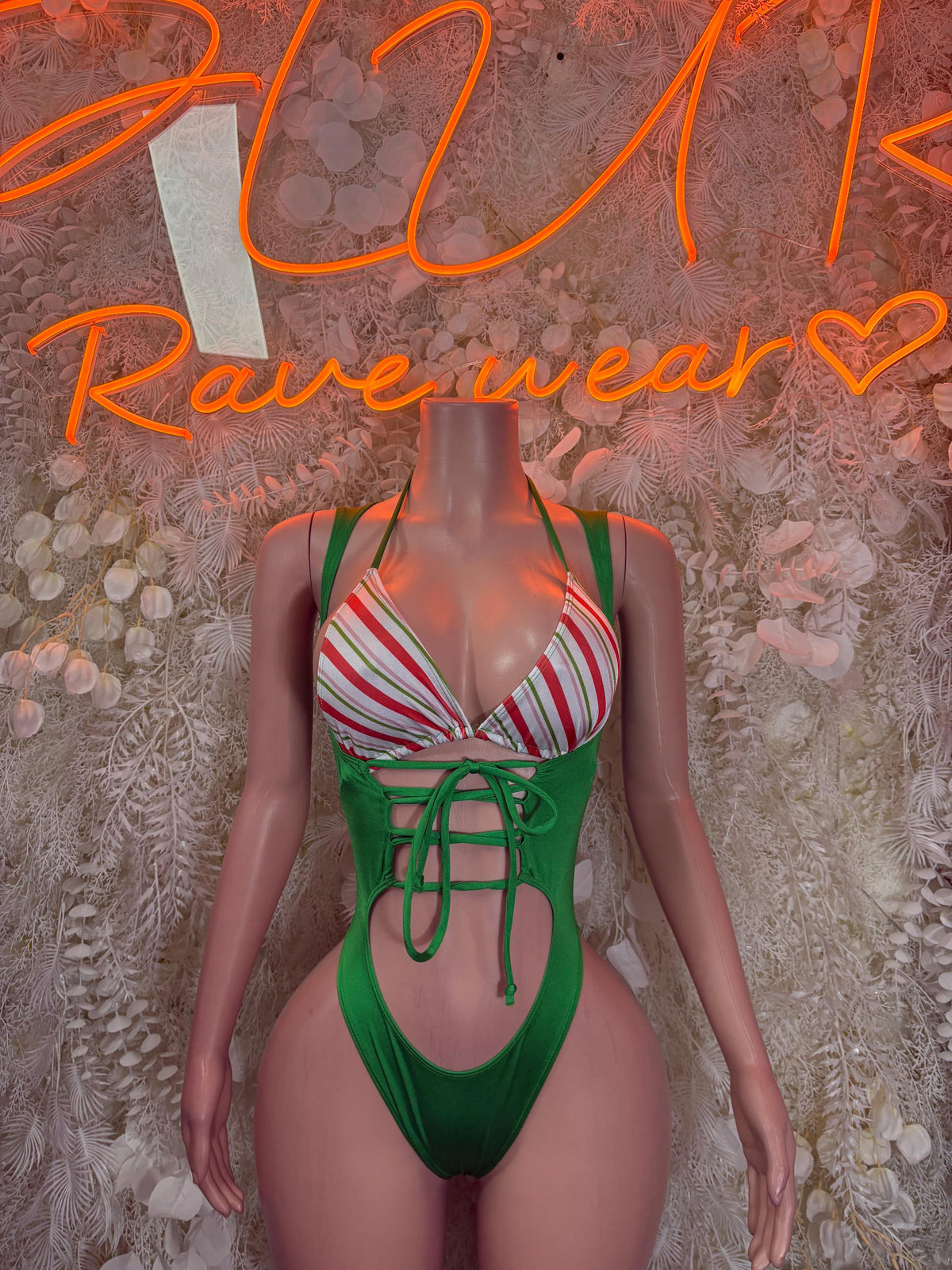 Green striped thong-style bodysuit with triangle cups and lace-up front