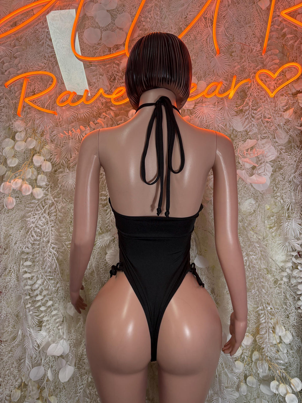 Black metallic bodysuit, open back with tie halter and lace-up side straps