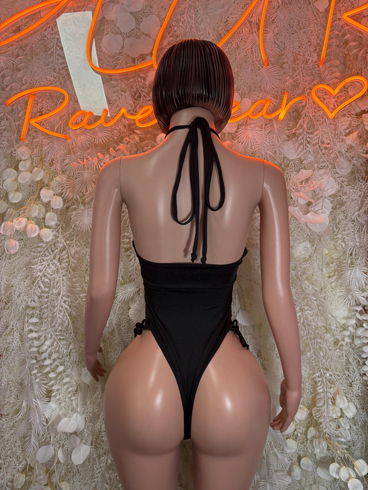 Black metallic bodysuit, open back with tie halter and lace-up side straps