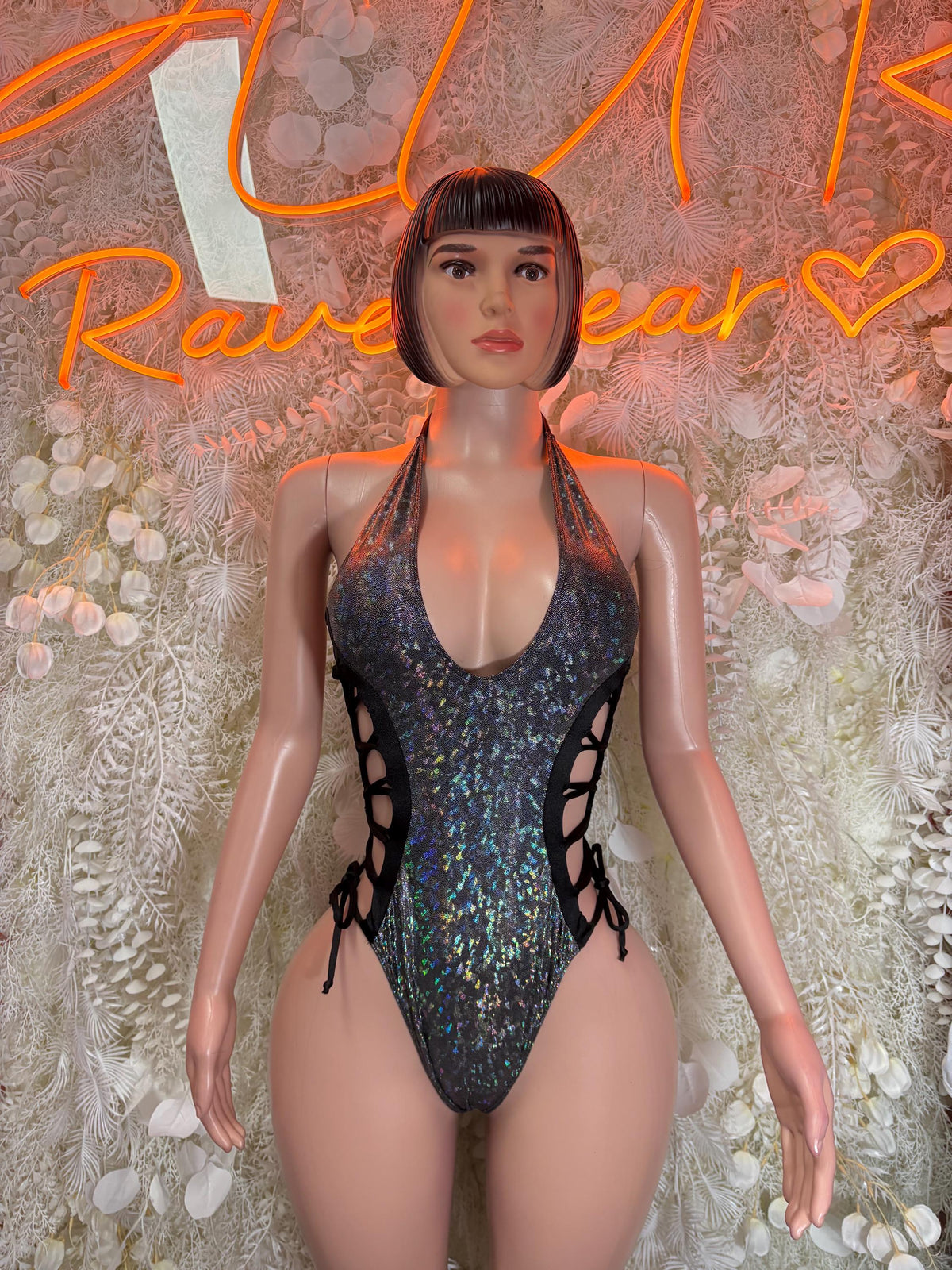 Black metallic halter bodysuit with lace-up side cutouts, one-piece dancewear