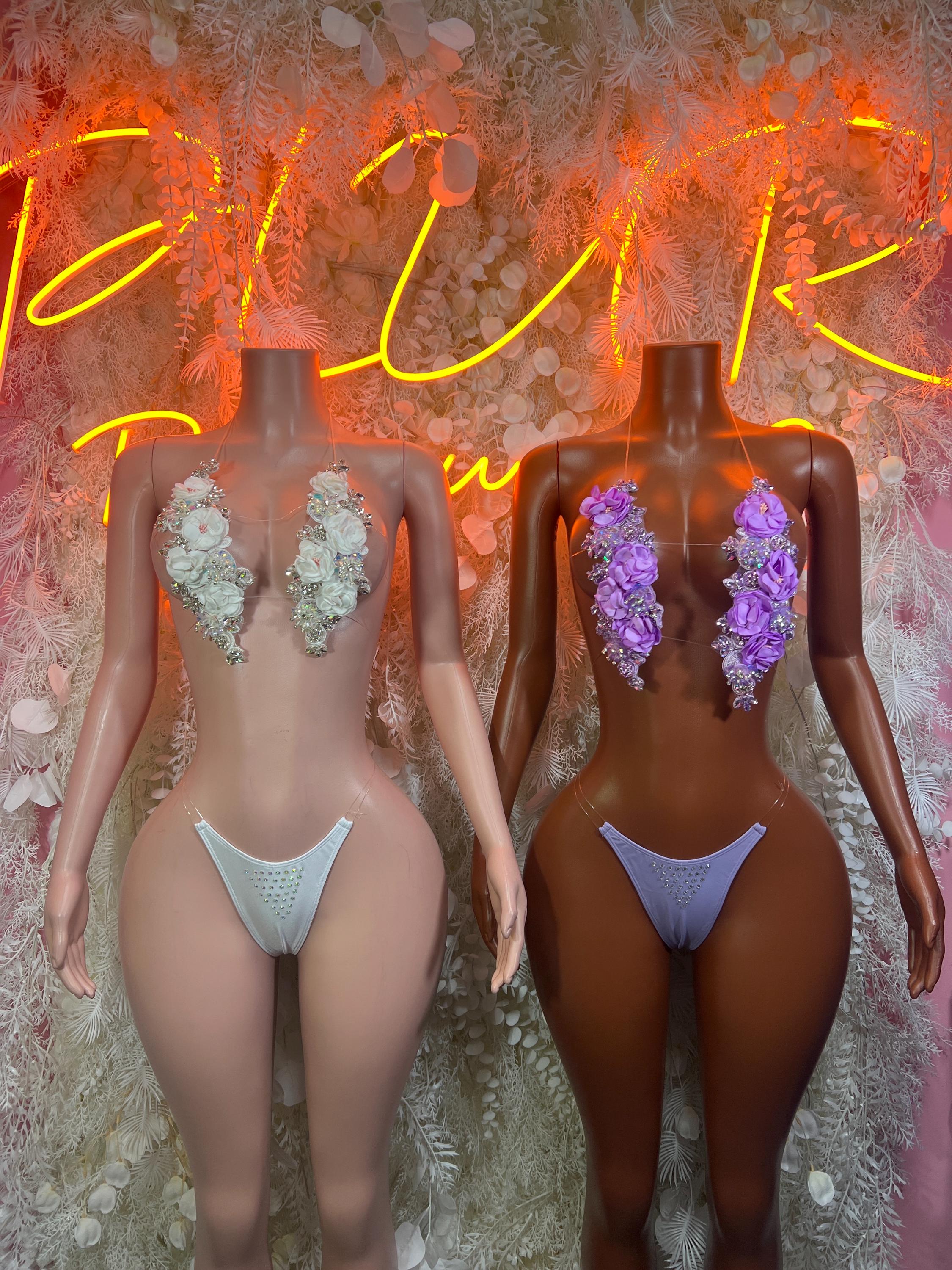 Rhinestone floral bikini set pair: light and purple sparkly cups with thong bottoms