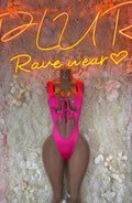 Pink rave bodysuit with high-cut legs and mesh-style V-front