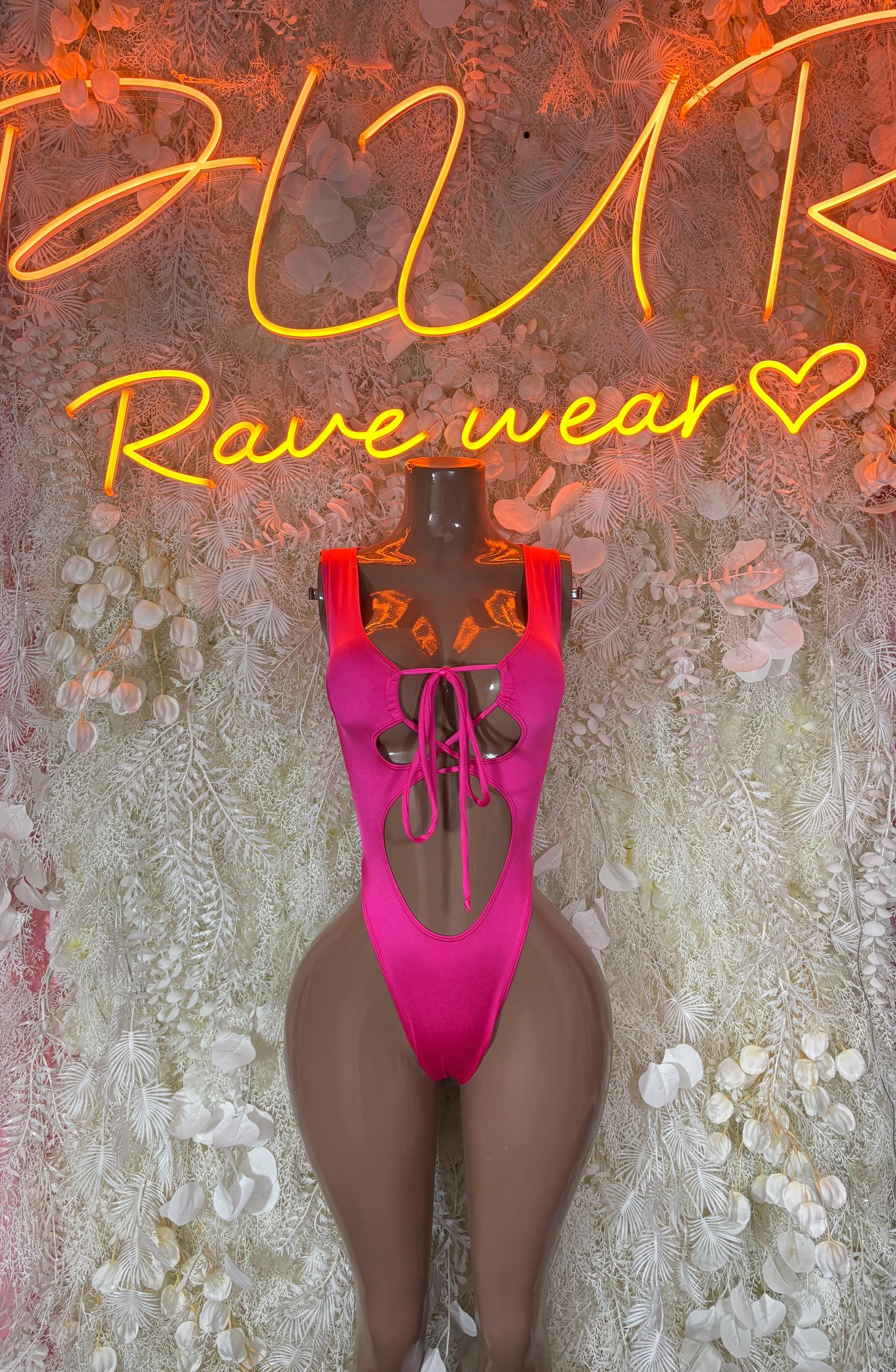 Pink rave bodysuit with high-cut legs and mesh-style V-front