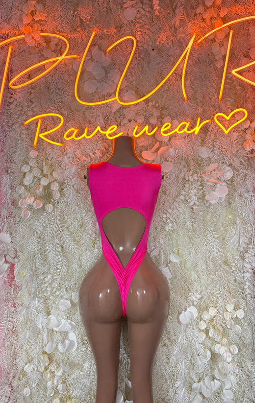 Pink open-back bodysuit with high-cut legs and wide straps