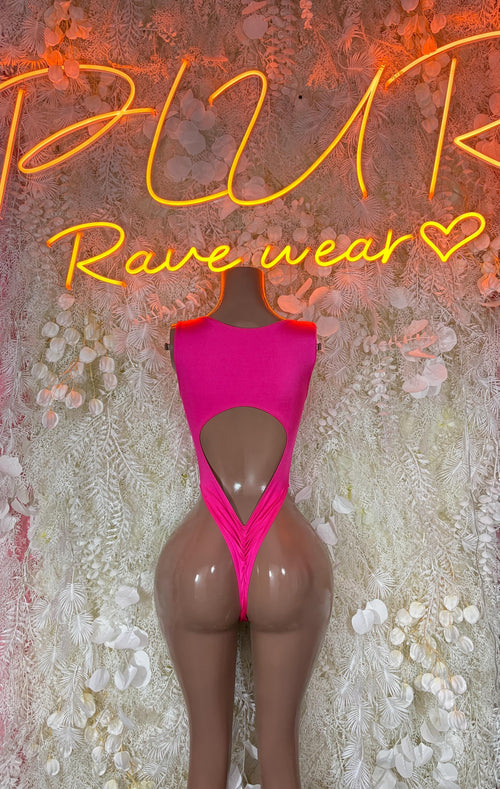 Pink sleeveless bodysuit with heart-shaped back cutout and high-cut legs
