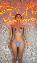 Blue rhinestone triangle bikini set with blue bottoms, front view.