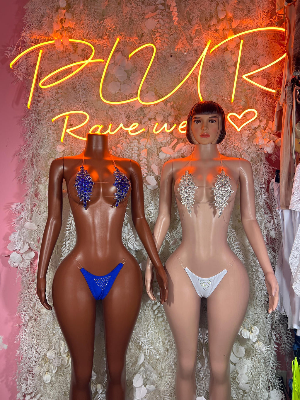 Two-piece rhinestone bikini set with blue and white crystal accents