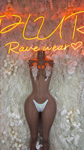 Gold rhinestone bikini set with triangle top and thong bottom on mannequin