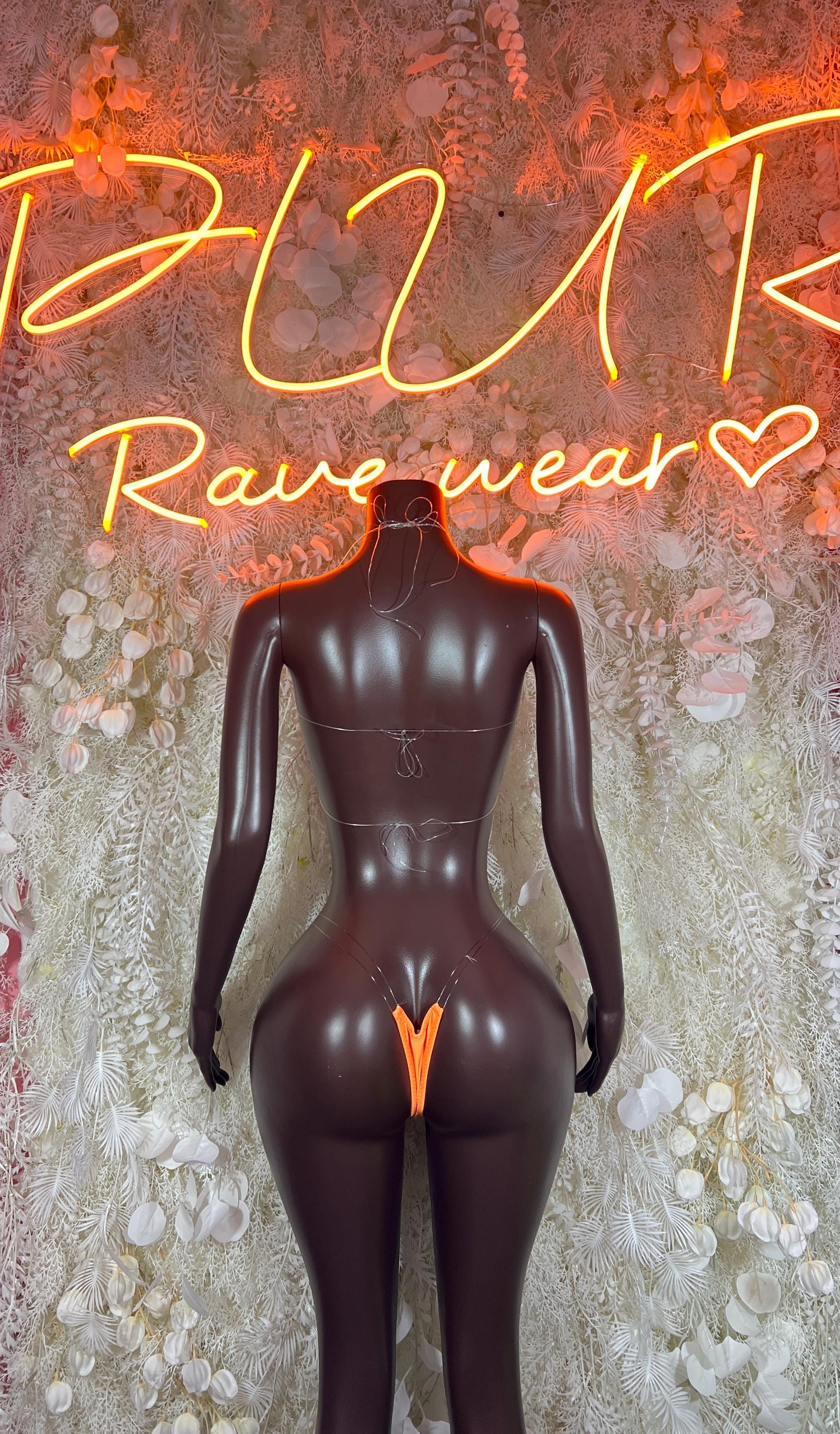 Black glossy bikini set with orange rhinestone triangle top and thong-style bottom