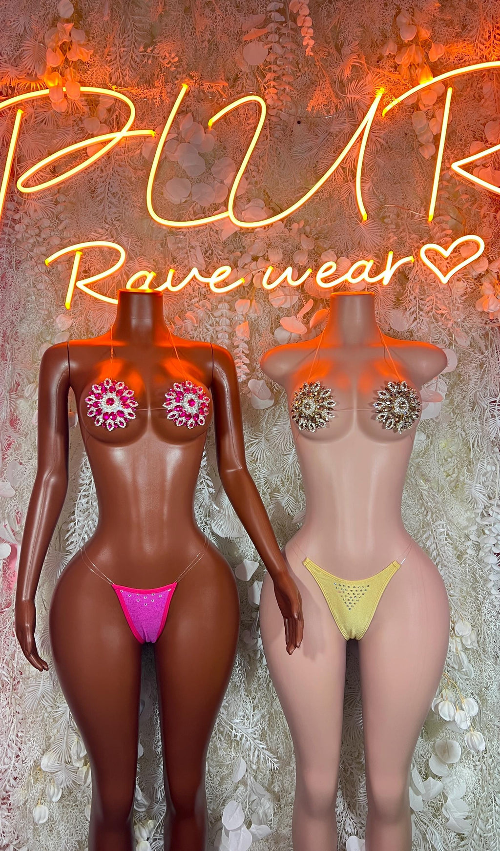 Rhinestone bikini set pair on mannequins, pink and yellow jeweled triangle tops and bottoms