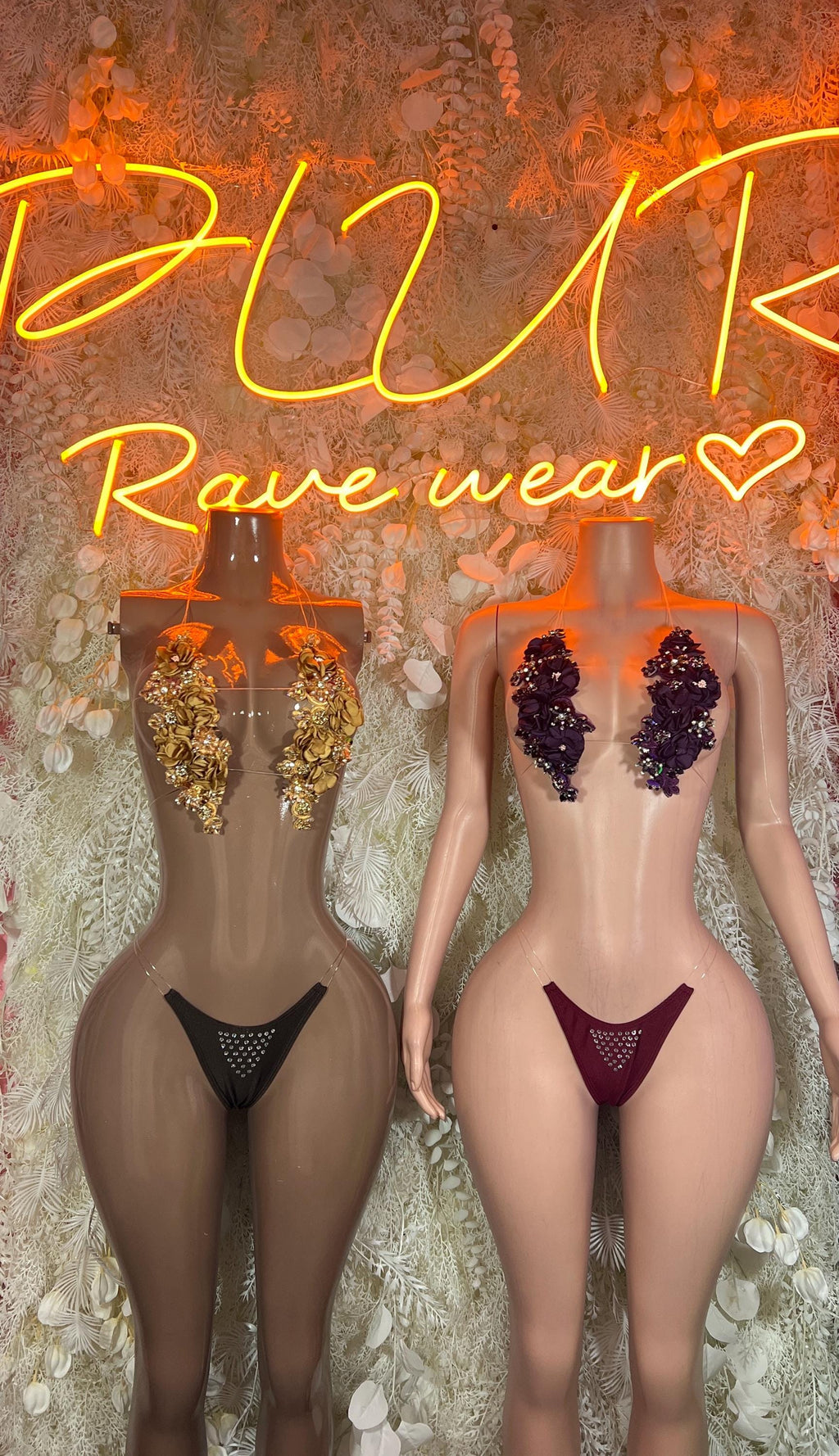 Two rhinestone floral bikini sets: gold and dark purple triangle tops with bottoms